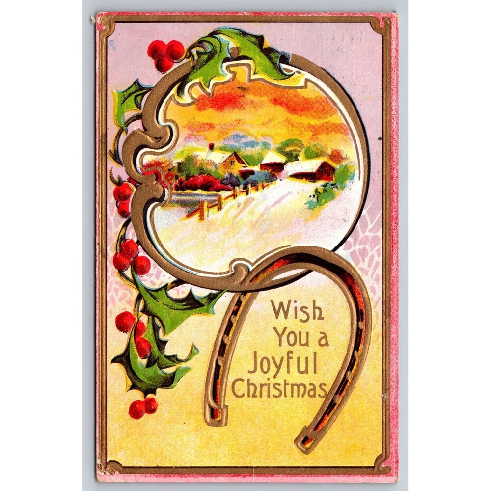 Antique Vintage Christmas Postcard 1912 Embossed Horseshoe Snow Scene Tacoma WA
